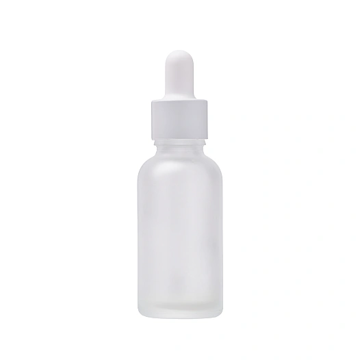 Матовый стеклянный флакон 28R-YB-30MT 30ml с белым дроппером с металлической белой юбкой